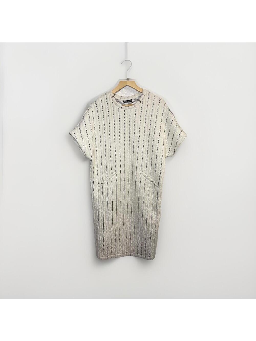Zara Ivory Black Quilted Short Sleeve Midi‎ Shirt Dress Women’s S Oversized